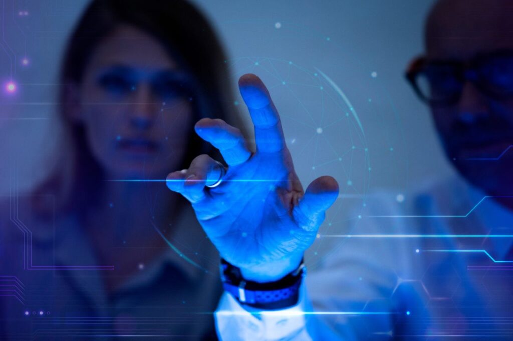 man touching virtual screen futuristic technology digital remix
