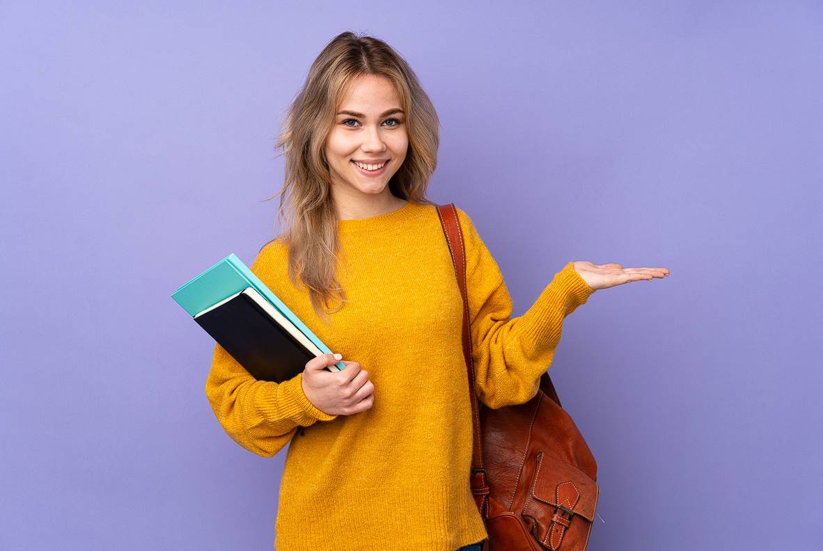 teenager student girl purple holding imaginary pal